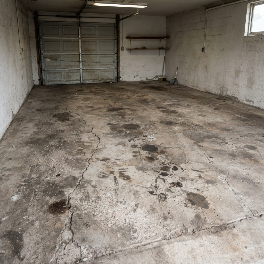 Cracked, stained bare concrete garage floor before coating